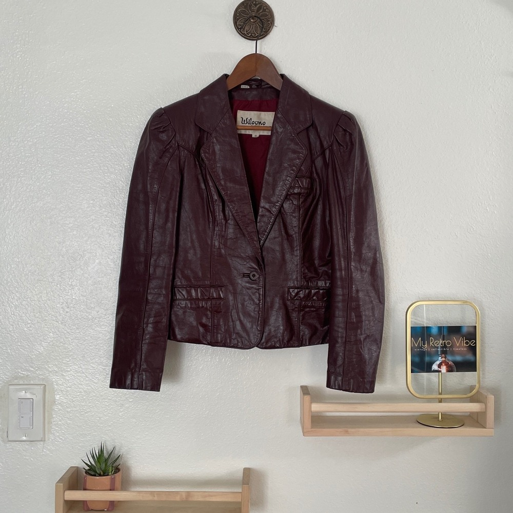 Vintage Wilsons Leather Blazer Jacket Burgundy Single‎ Button Women's Size 10ge
